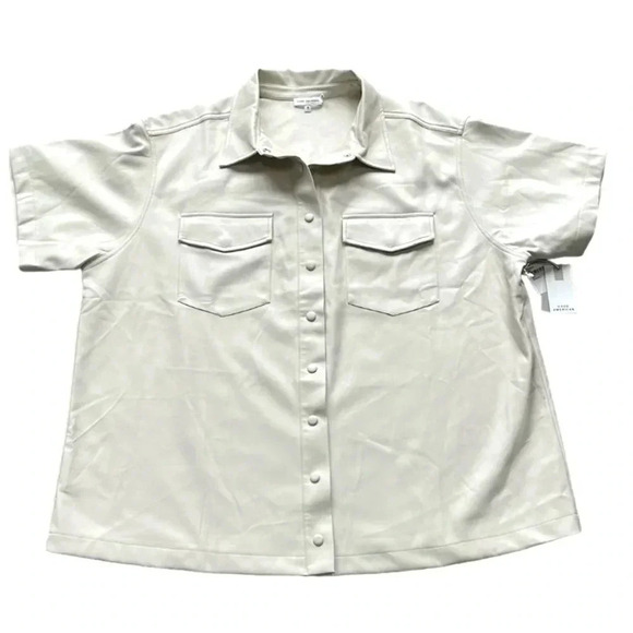 Good American Resort Faux Leather Short Sleeve Button-Up Shirt Bone Women’s 2X - Picture 2 of 13